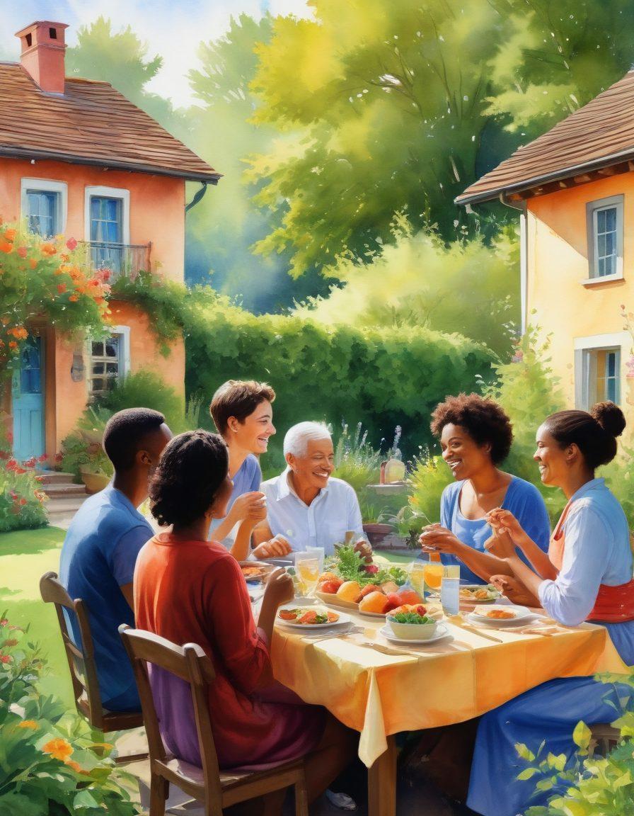 A warm, inviting scene depicting diverse individuals from a close-knit community engaged in various activities that symbolize togetherness—such as sharing meals, helping each other in a garden, and enjoying a group gathering with laughter. The background features vibrant greenery and cozy homes, evoking a sense of belonging and affection. The image should have a soft, glowing light to represent warmth and connection. watercolor painting. vibrant colors.