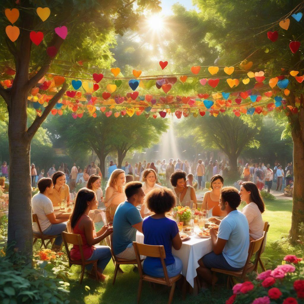 A warm, vibrant scene of diverse people engaging in a community gathering, sharing laughter and food, surrounded by beautiful greenery and colorful flowers. Heart-shaped decorations hang in the background, symbolizing affection and unity. The sunlight filters through the trees, creating a magical atmosphere of togetherness and warmth. super-realistic. vibrant colors. landscape.